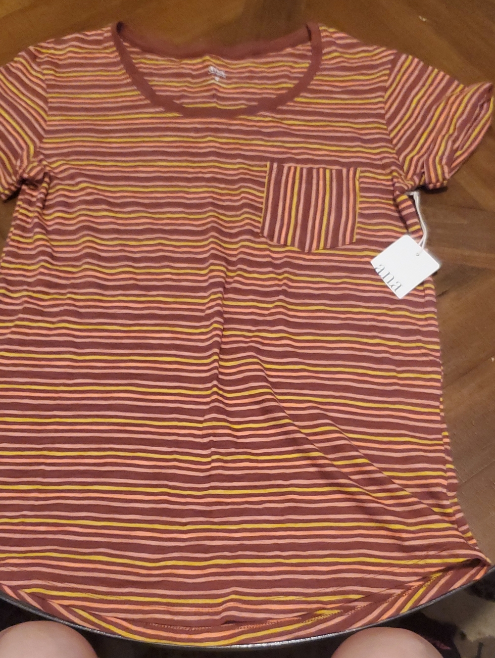 Women's Striped Short Sleeve Pocket Tee in Rust, Pink & Yellow